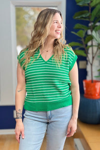 Striped Collared Sweater Vest - Green