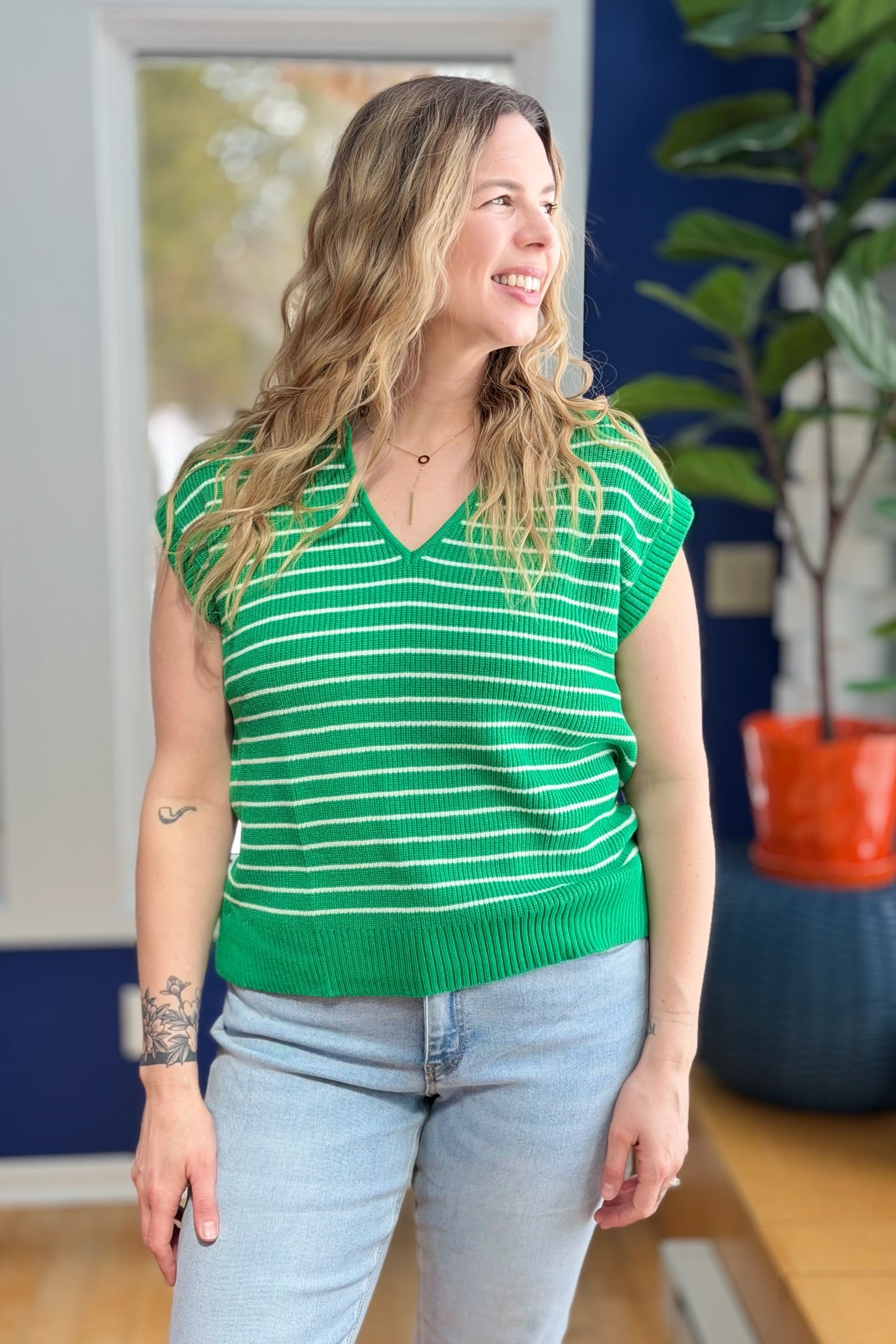 Striped Collared Sweater Vest - Green