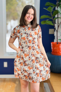 Floral Print Dress With Pockets - Brown