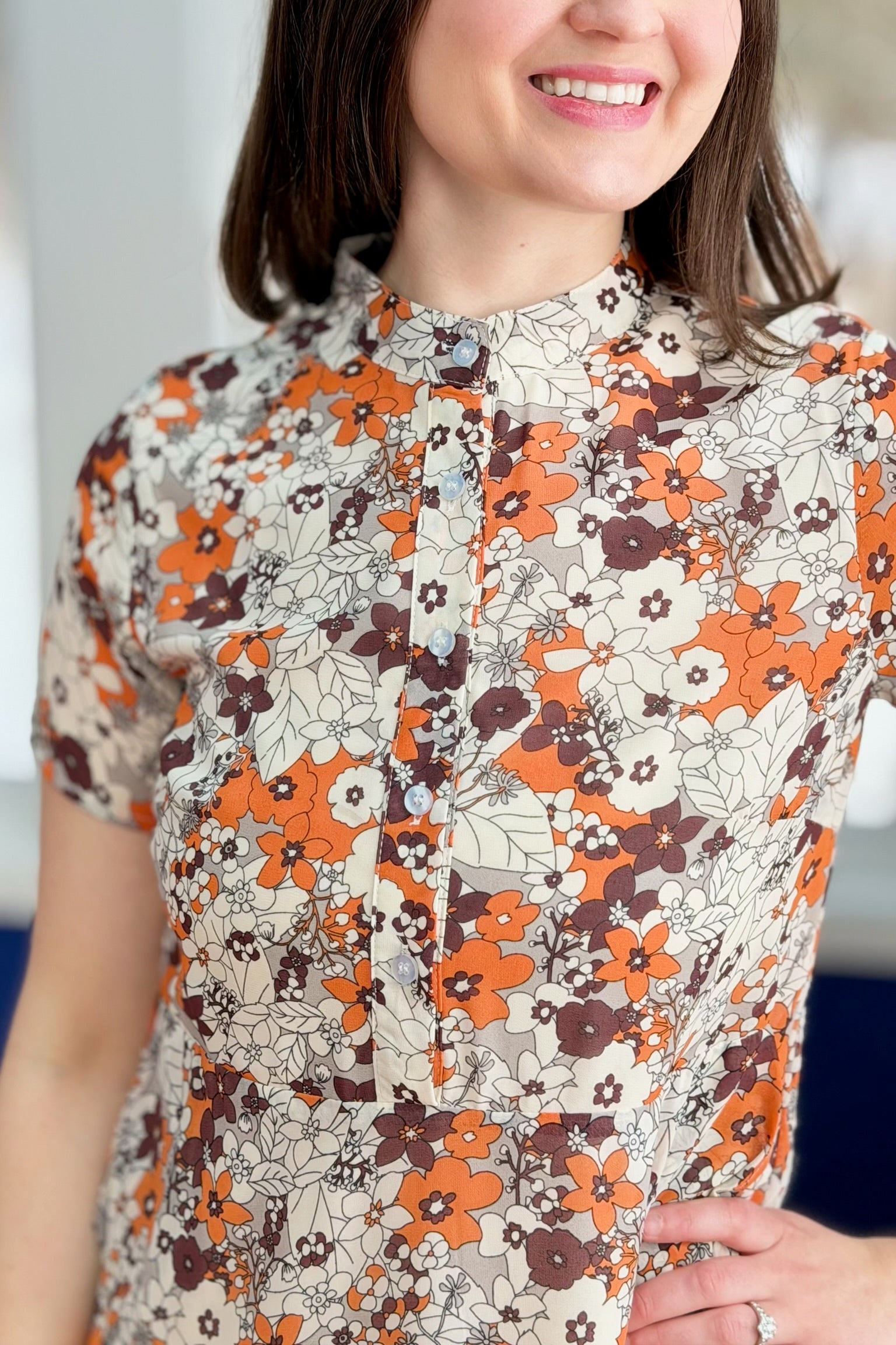Floral Print Dress With Pockets - Brown