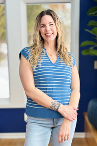 Striped Collared Sweater Vest - Blue