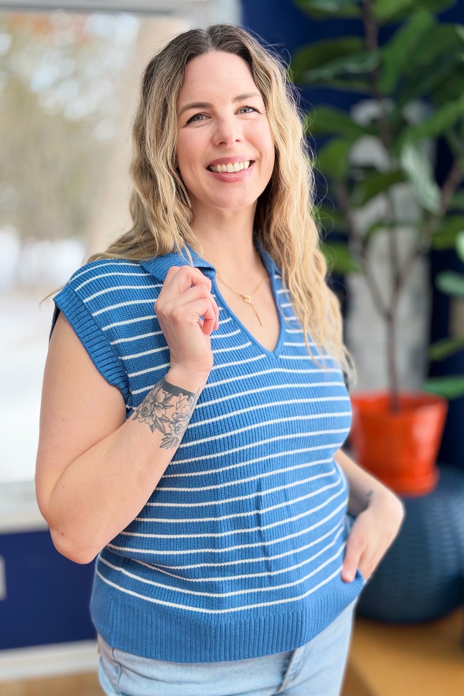 Striped Collared Sweater Vest - Blue