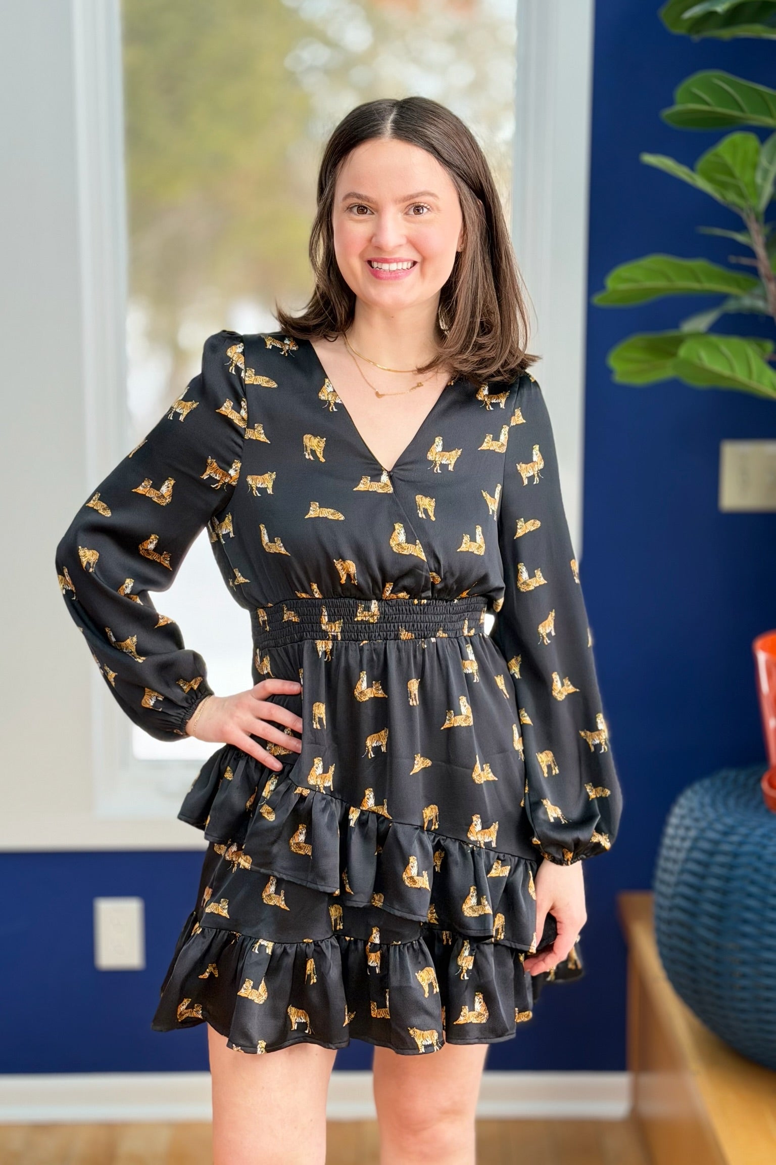 Tiger Print Surplice Dress - Black