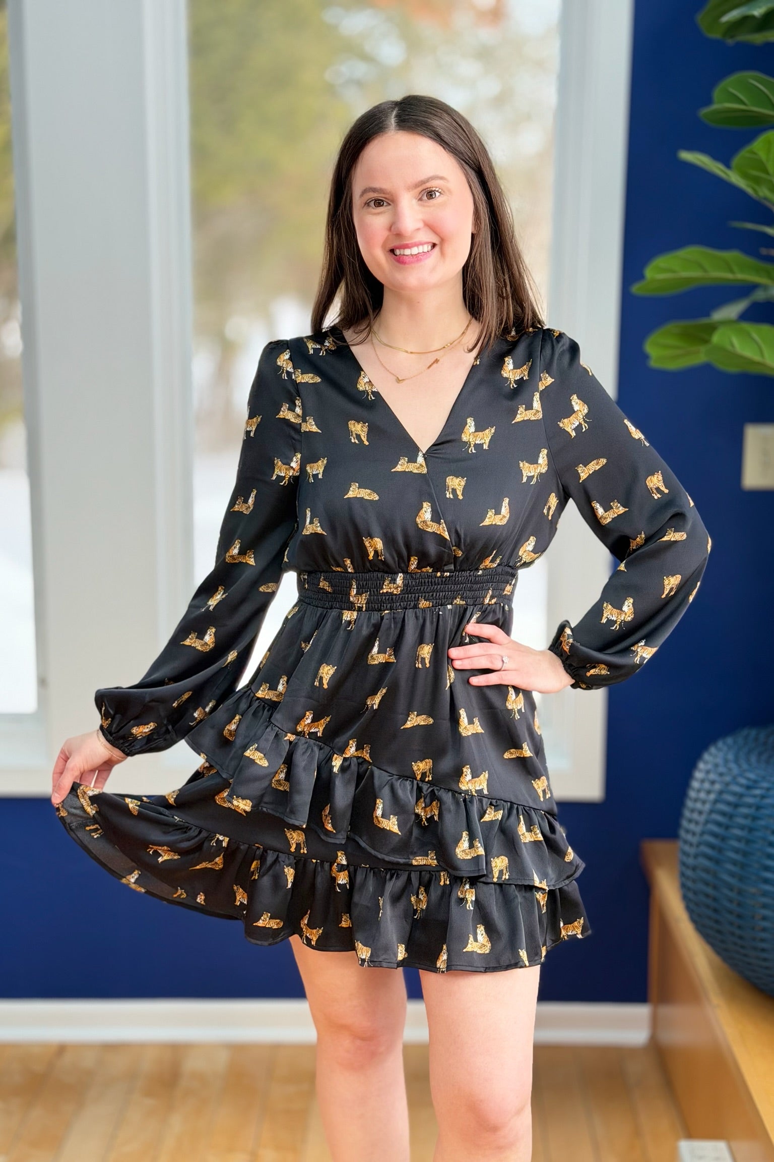 Tiger Print Surplice Dress - Black