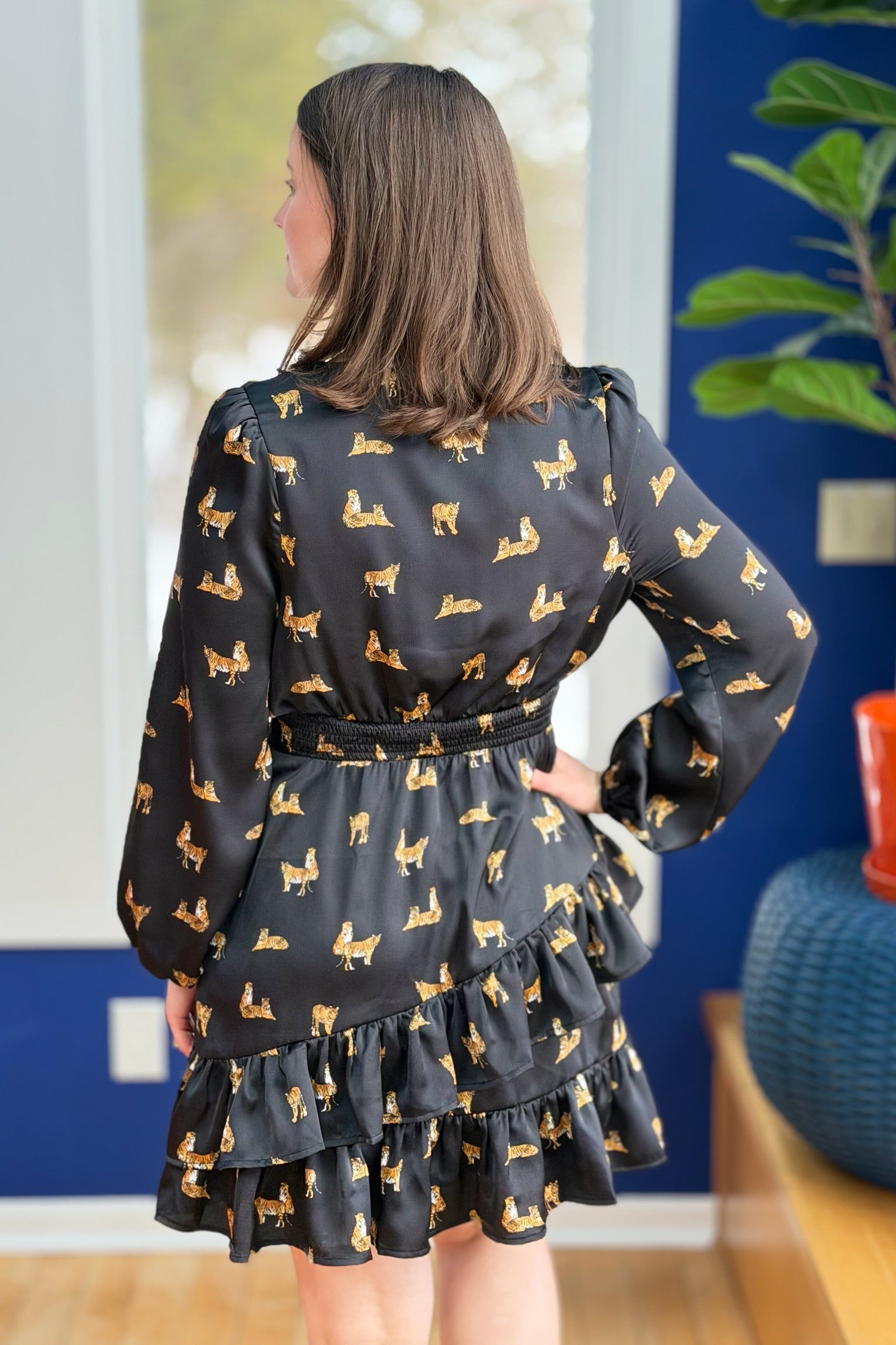 Tiger Print Surplice Dress - Black