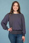 Smocked Hem Long Sleeve Top - Gun Metal