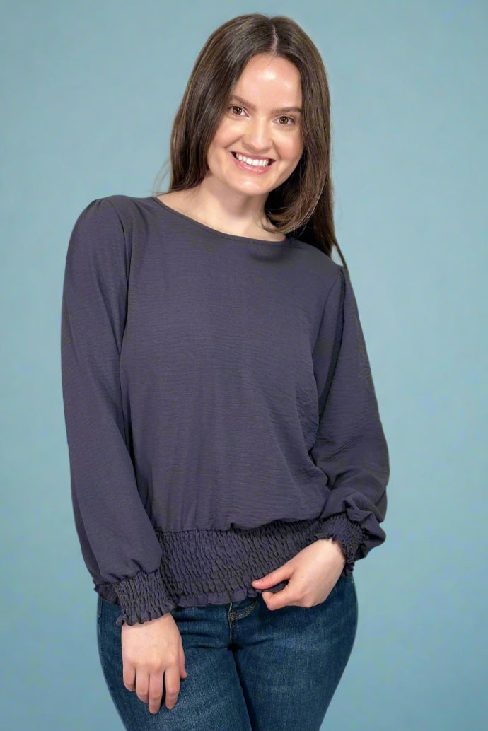 Smocked Hem Long Sleeve Top - Gun Metal
