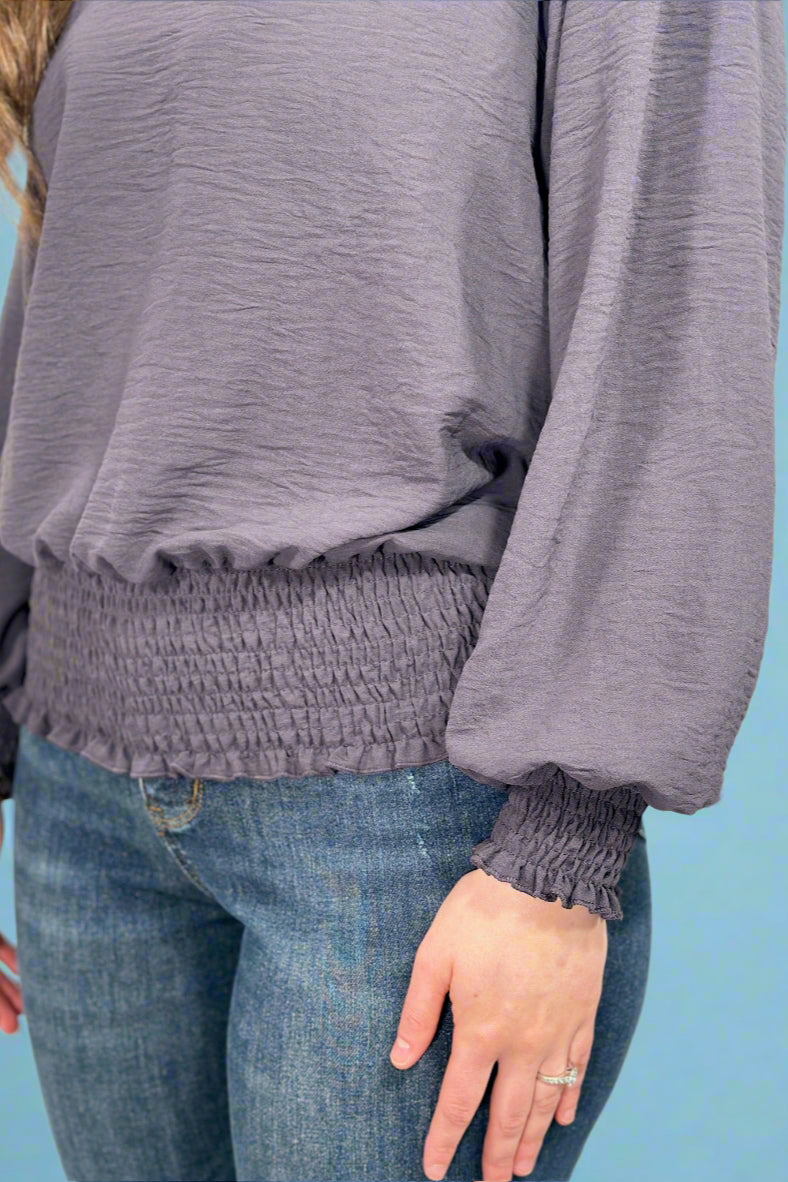 Smocked Hem Long Sleeve Top - Gun Metal