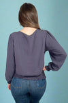 Smocked Hem Long Sleeve Top - Gun Metal