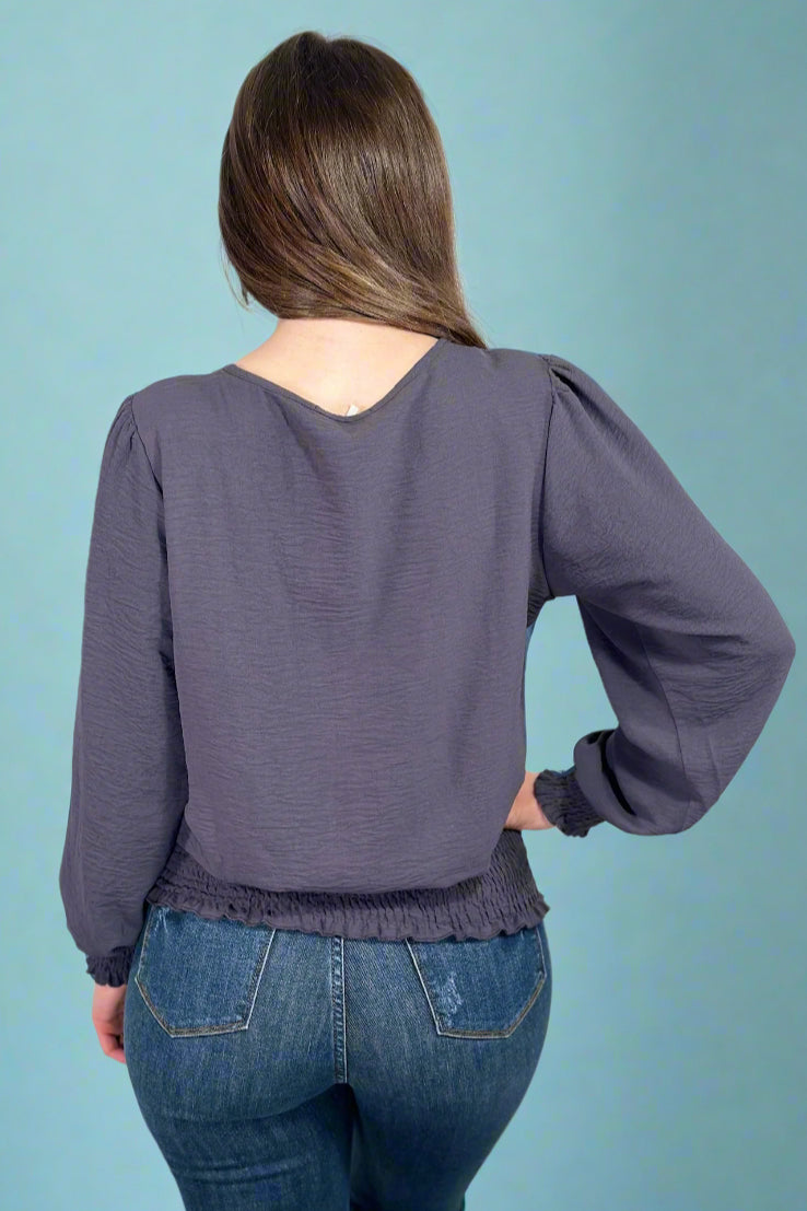 Smocked Hem Long Sleeve Top - Gun Metal