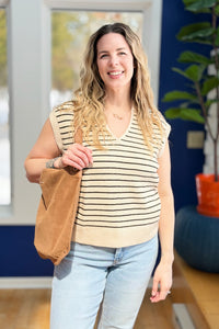 Striped Collared Sweater Vest - Apricot