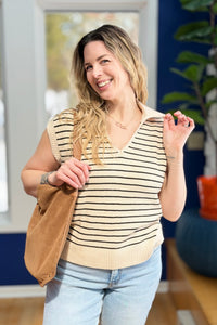 Striped Collared Sweater Vest - Apricot