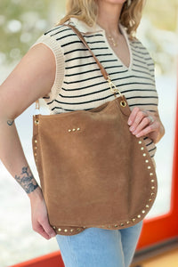 Rosalie Rivet Suede Hobo Bag - Camel