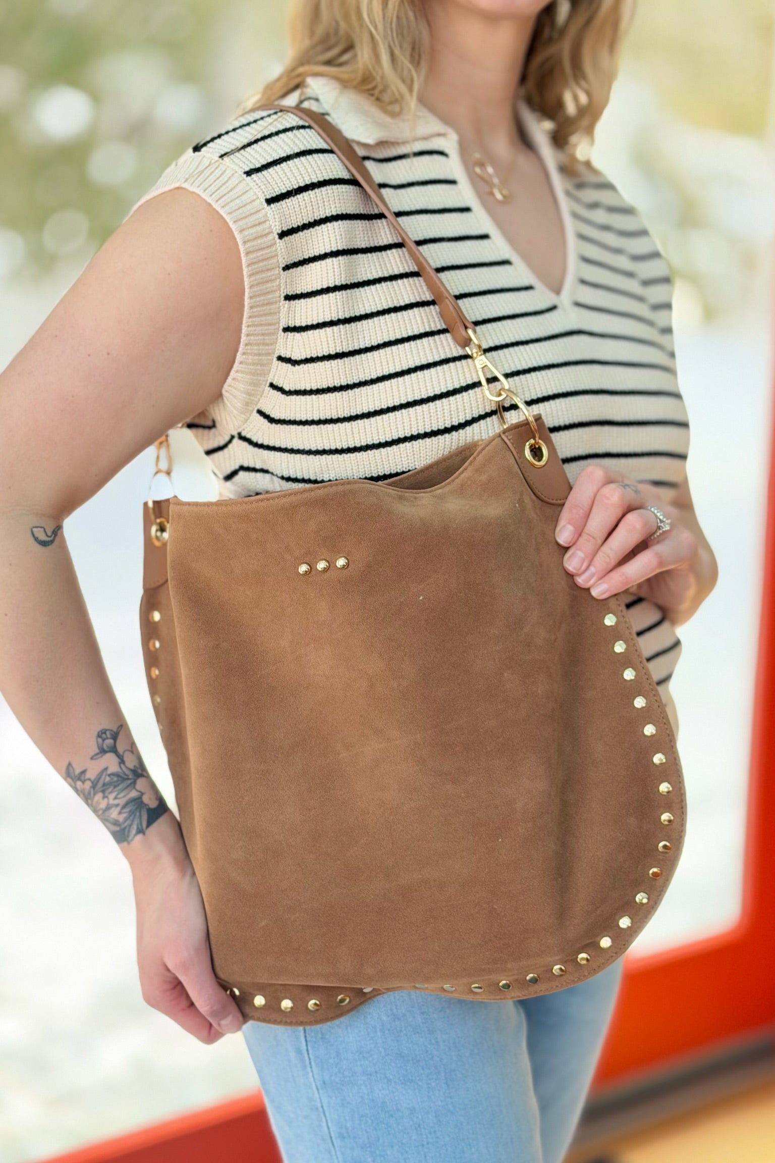 Rosalie Rivet Suede Hobo Bag - Camel