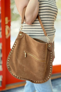 Rosalie Rivet Suede Hobo Bag - Camel