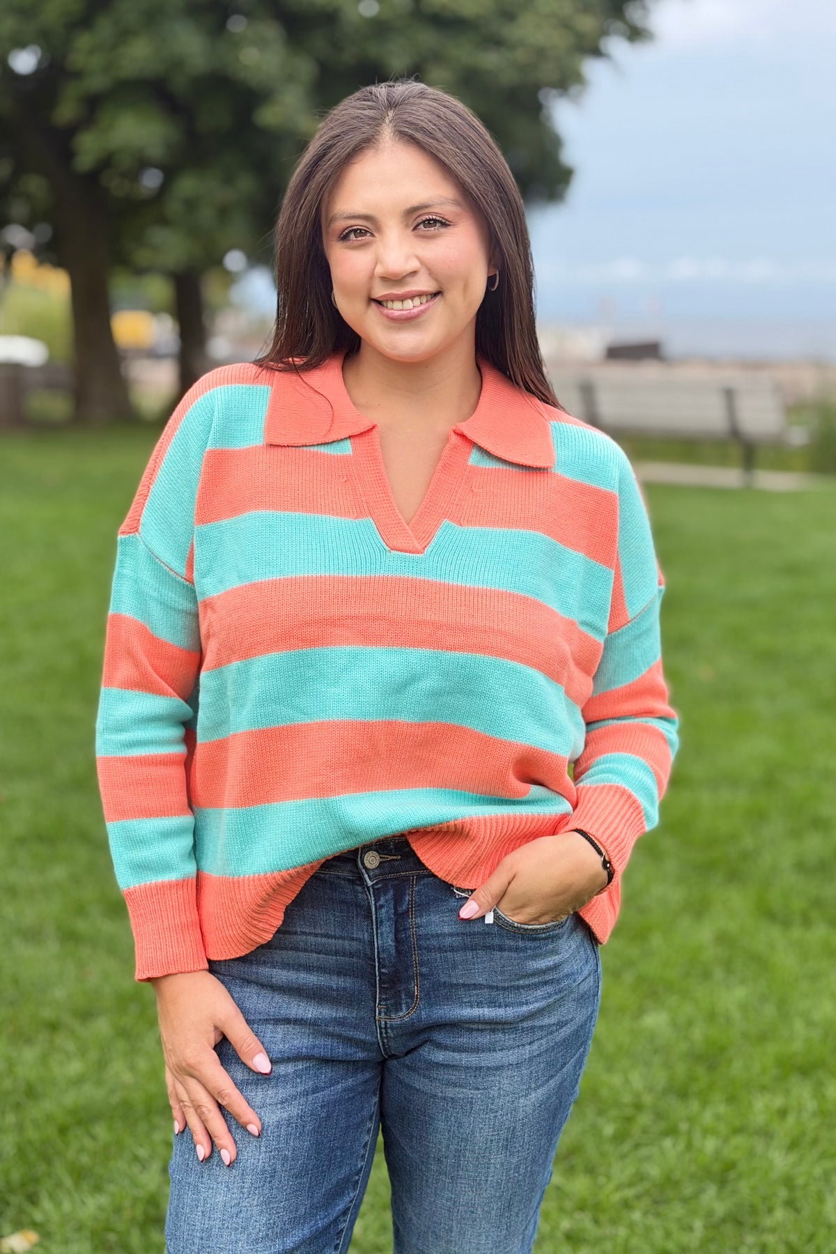Striped Collared Sweater Top - Orange