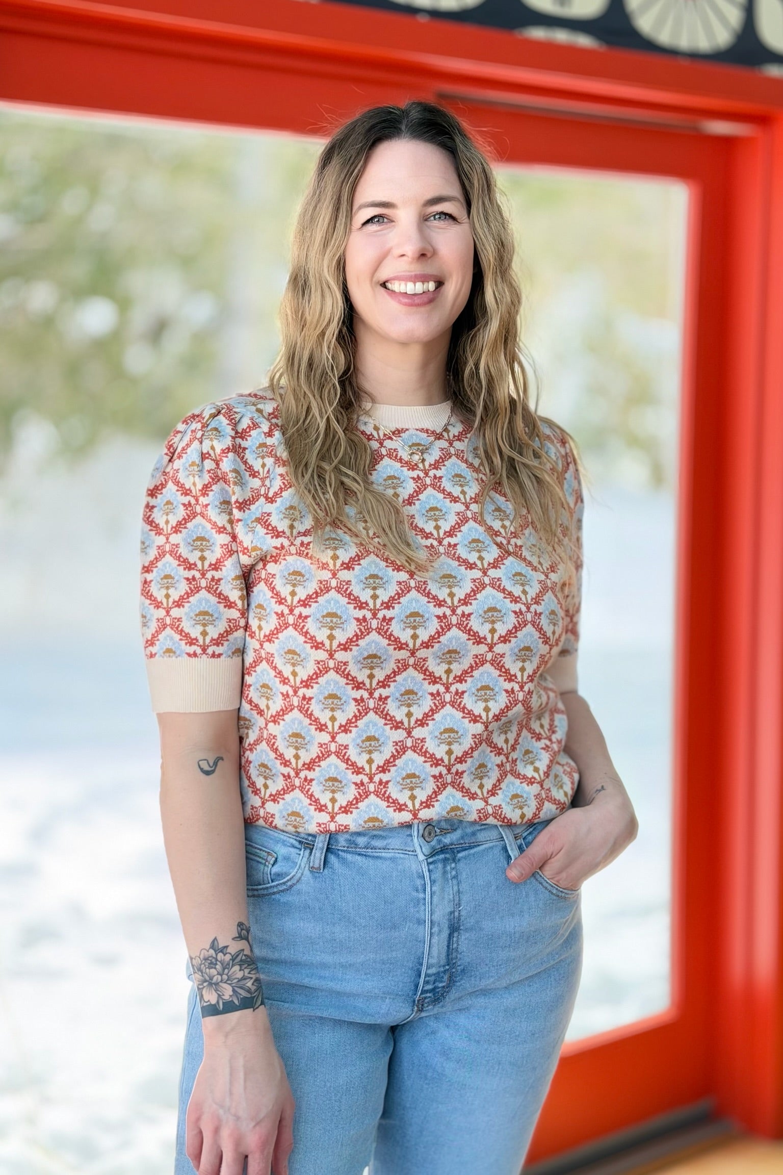 Floral Short Sleeve Sweater - Orange