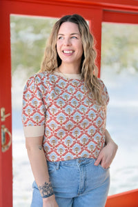 Floral Short Sleeve Sweater - Orange