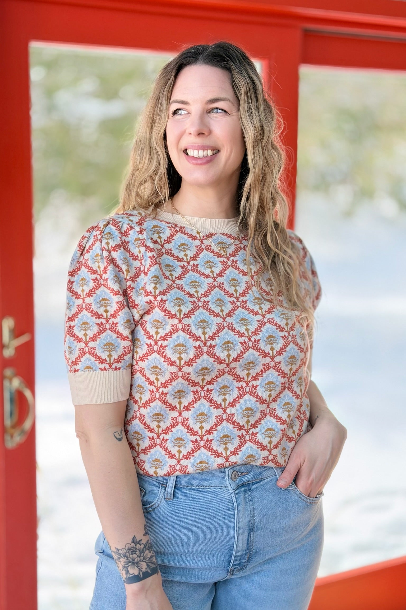 Floral Short Sleeve Sweater - Orange