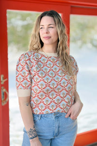 Floral Short Sleeve Sweater - Orange