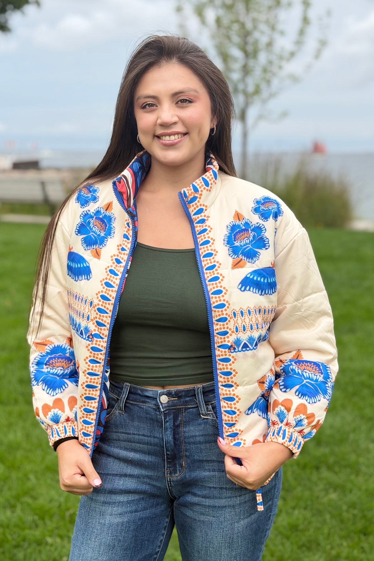 Flower Quilted Zip Up Jacket - Blue