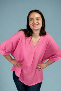 Oversized Gauzy V-Neck Top - Pink
