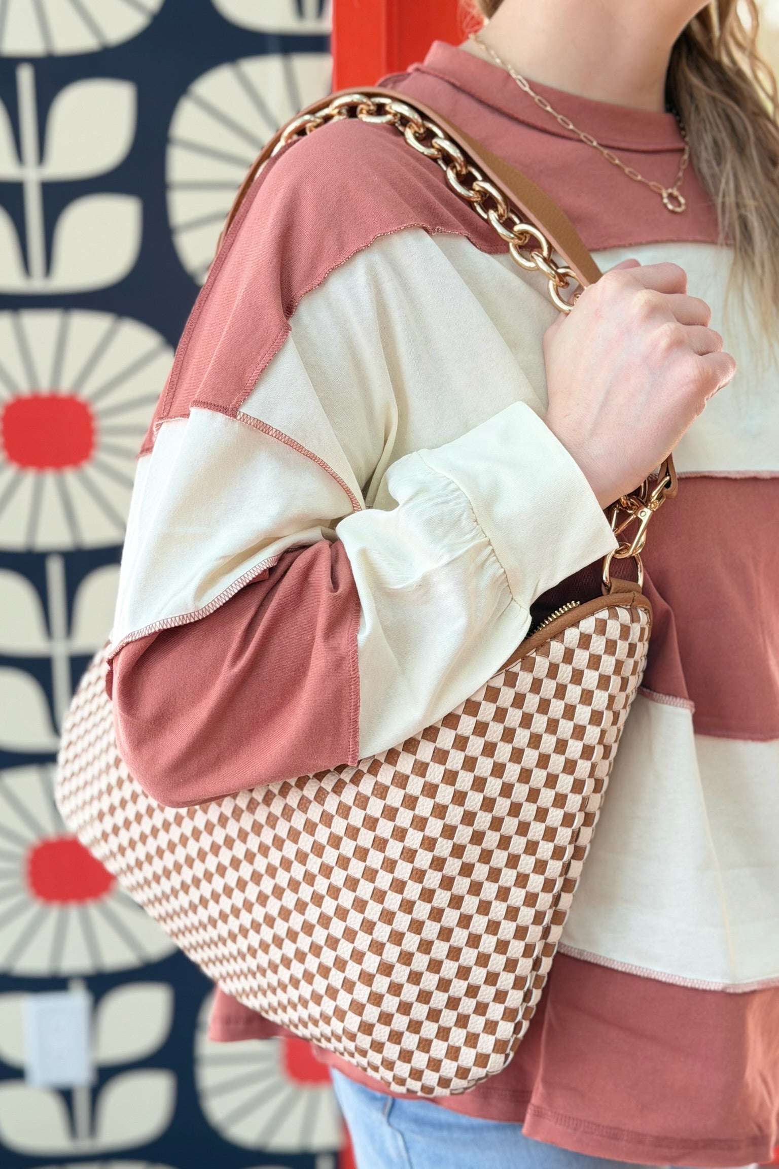 Sienna Slouchy Woven Shoulder Bag - Brown Checkered