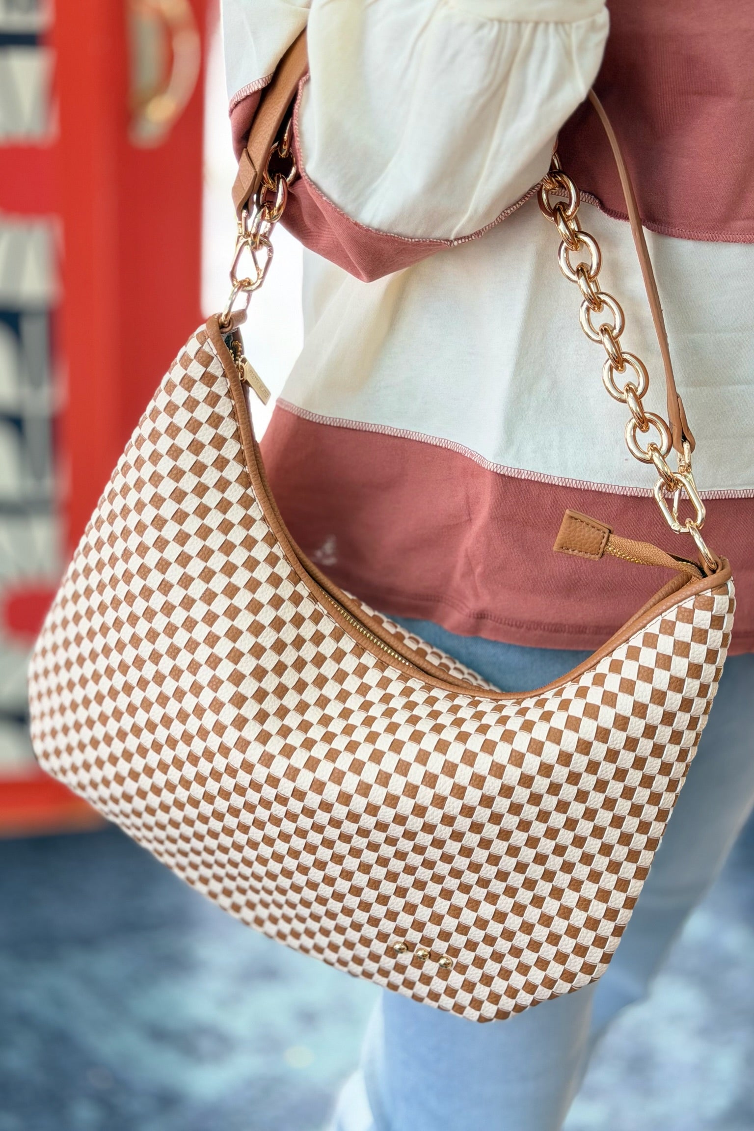 Sienna Slouchy Woven Shoulder Bag - Brown Checkered