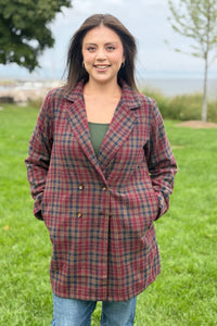 Double-Breasted Tartan Coat - Wine