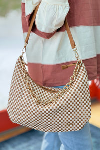 Sienna Slouchy Woven Shoulder Bag - Brown Checkered