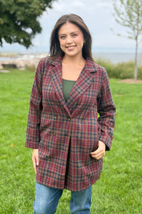 Double-Breasted Tartan Coat - Wine