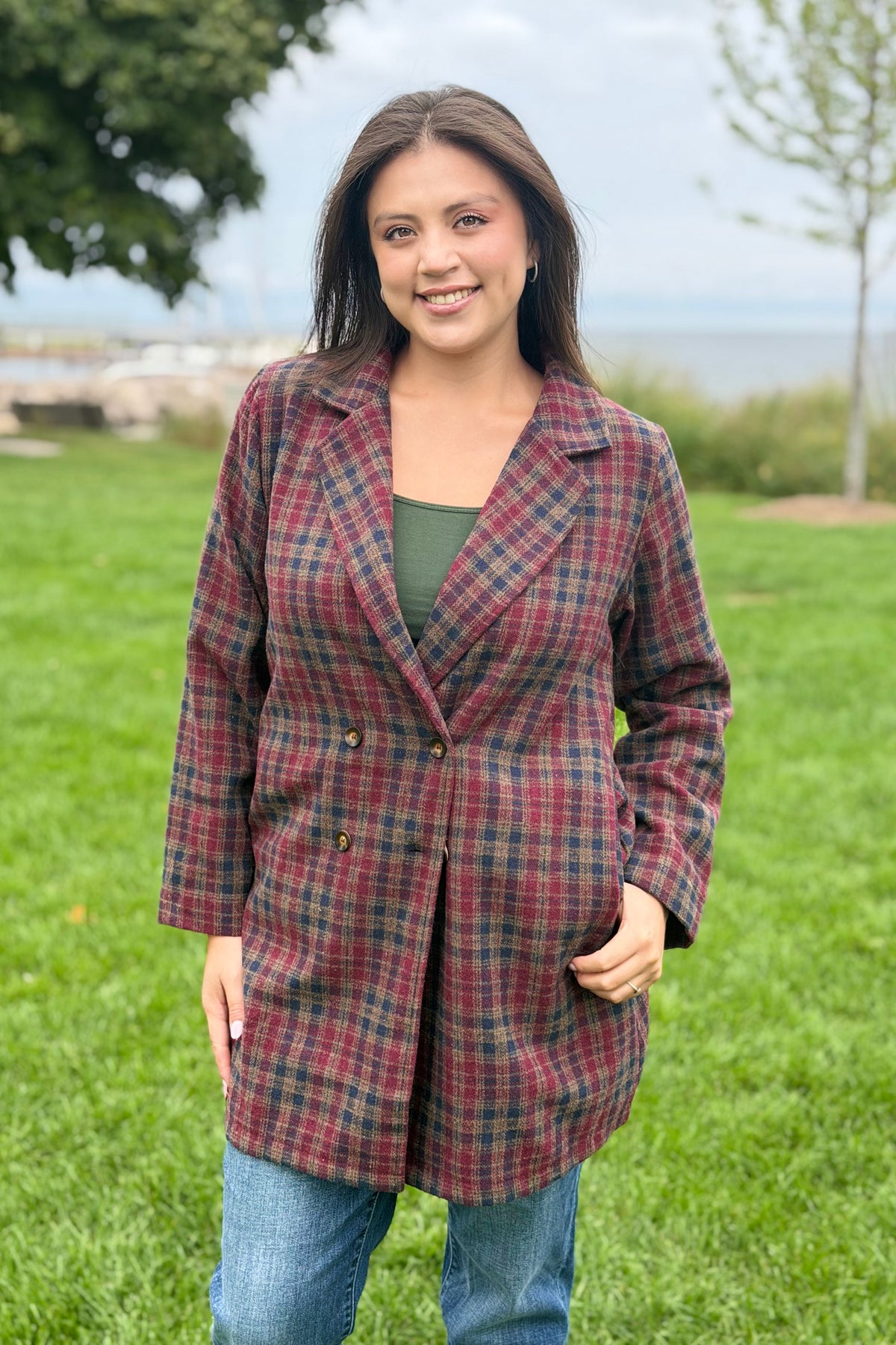 Double-Breasted Tartan Coat - Wine