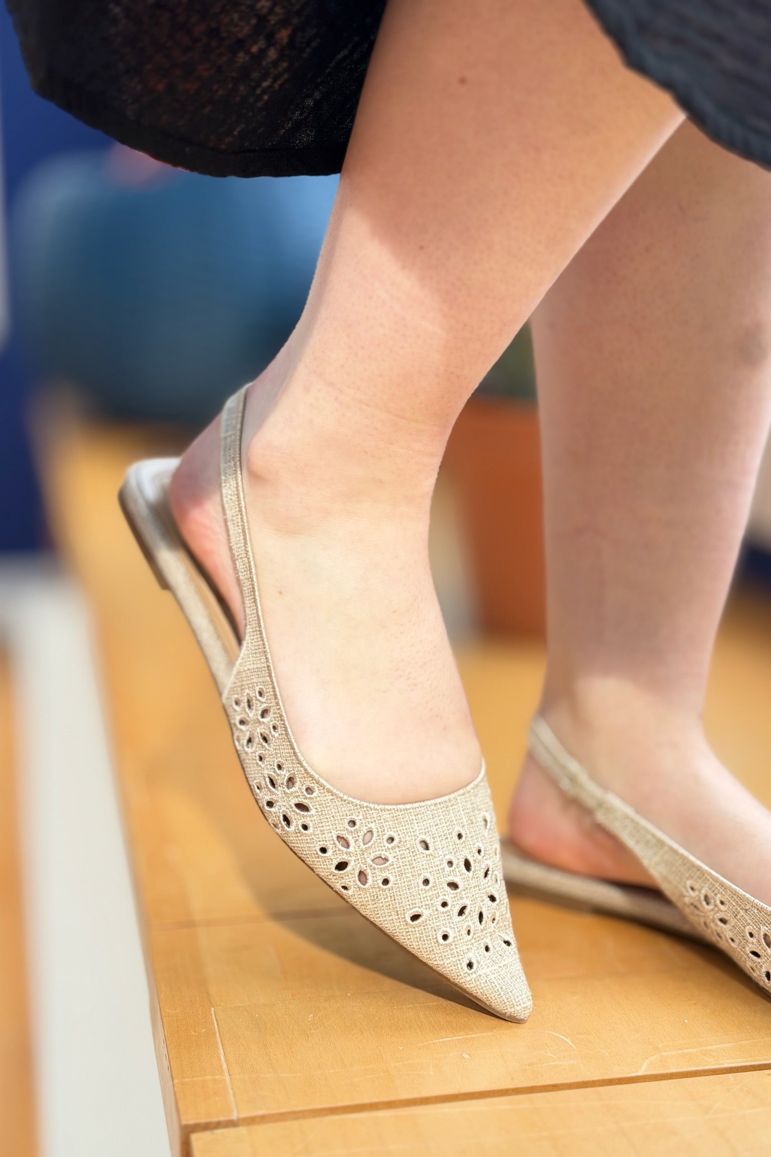 Eyelet Embroidery Pointed-Toe Slingback - Natural