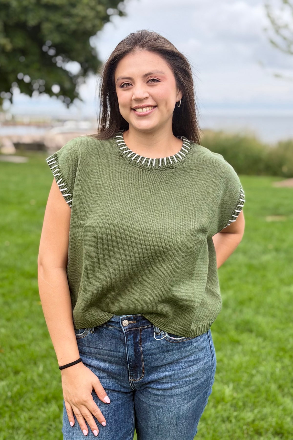 Stitch Detail Sweater Vest - Green