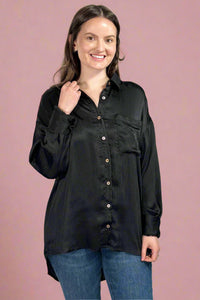 Textured Long Line Button Down - Black