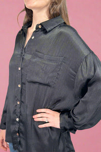 Textured Long Line Button Down - Black