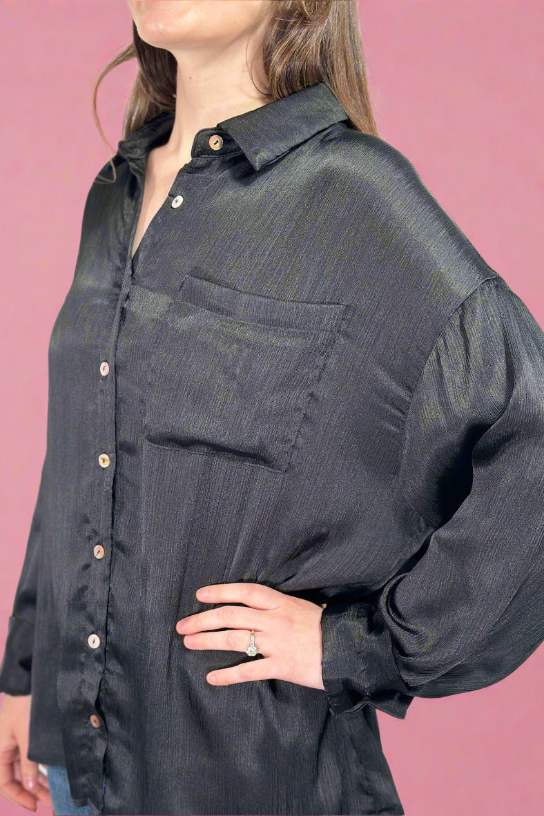 Textured Long Line Button Down - Black