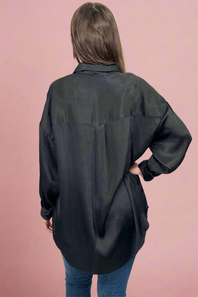 Textured Long Line Button Down - Black