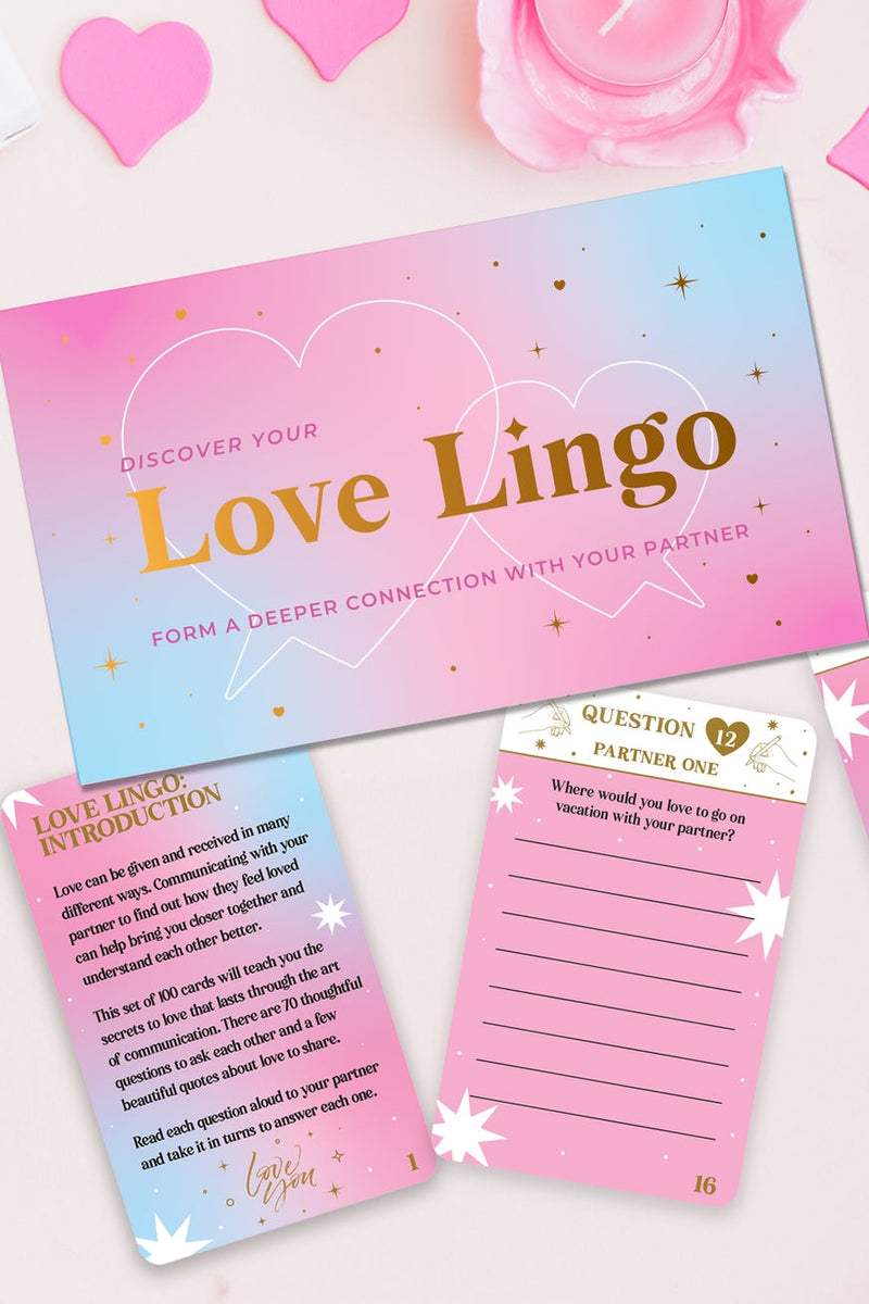Set of 100 cards of thought-provoking questions and romantic love quotes to share to learn your love language.