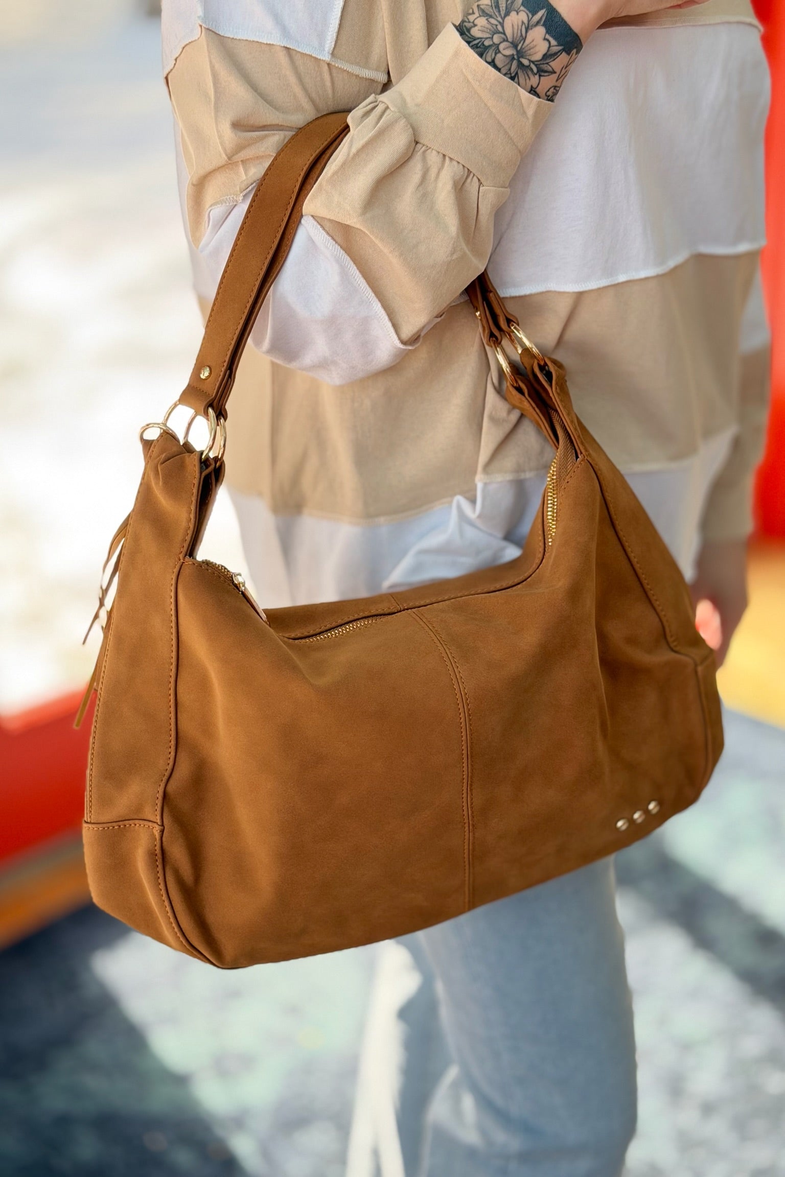 Hazel Hobo Shoulder Bag with Tassel - Tan Suede