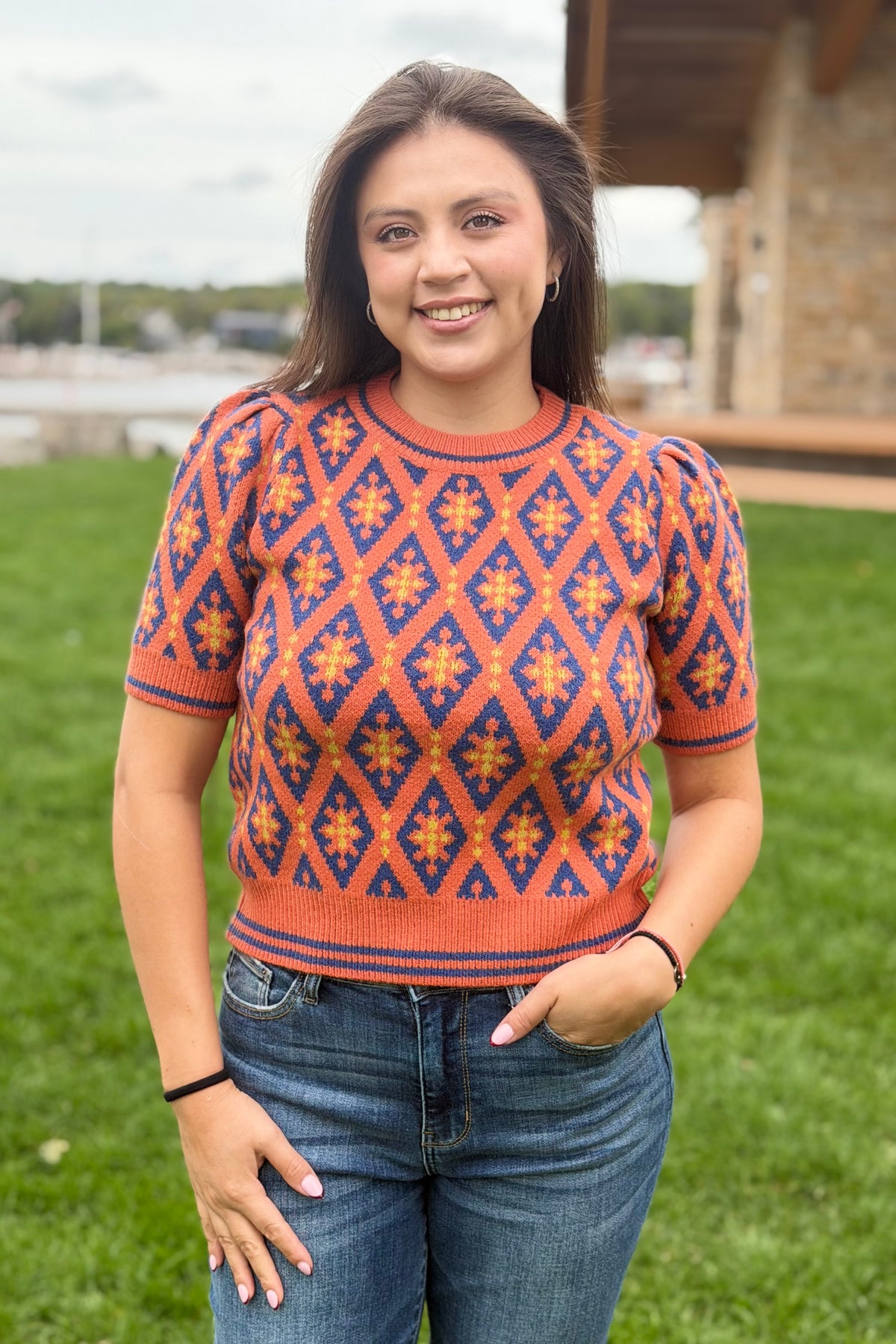 Geometric Sweater - Navy & Orange