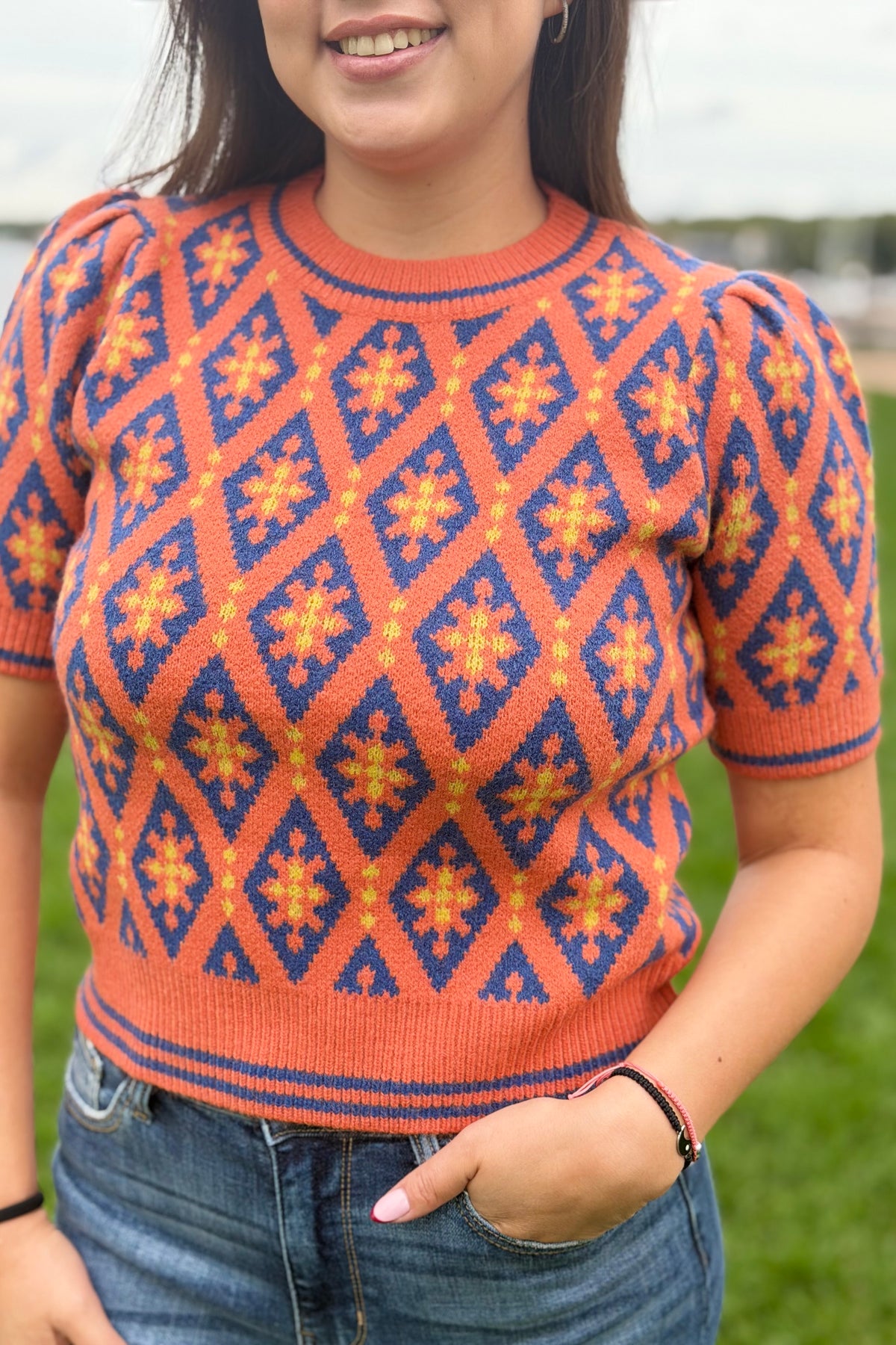 Geometric Sweater - Navy & Orange