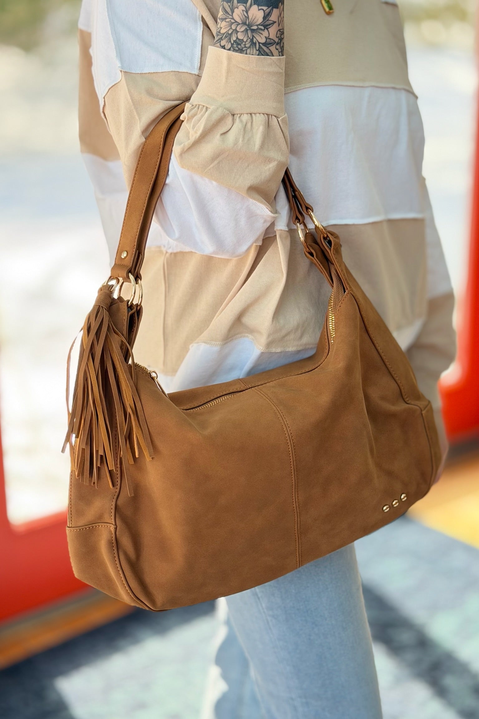 Hazel Hobo Shoulder Bag with Tassel - Tan Suede
