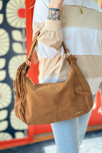Hazel Hobo Shoulder Bag with Tassel - Tan Suede