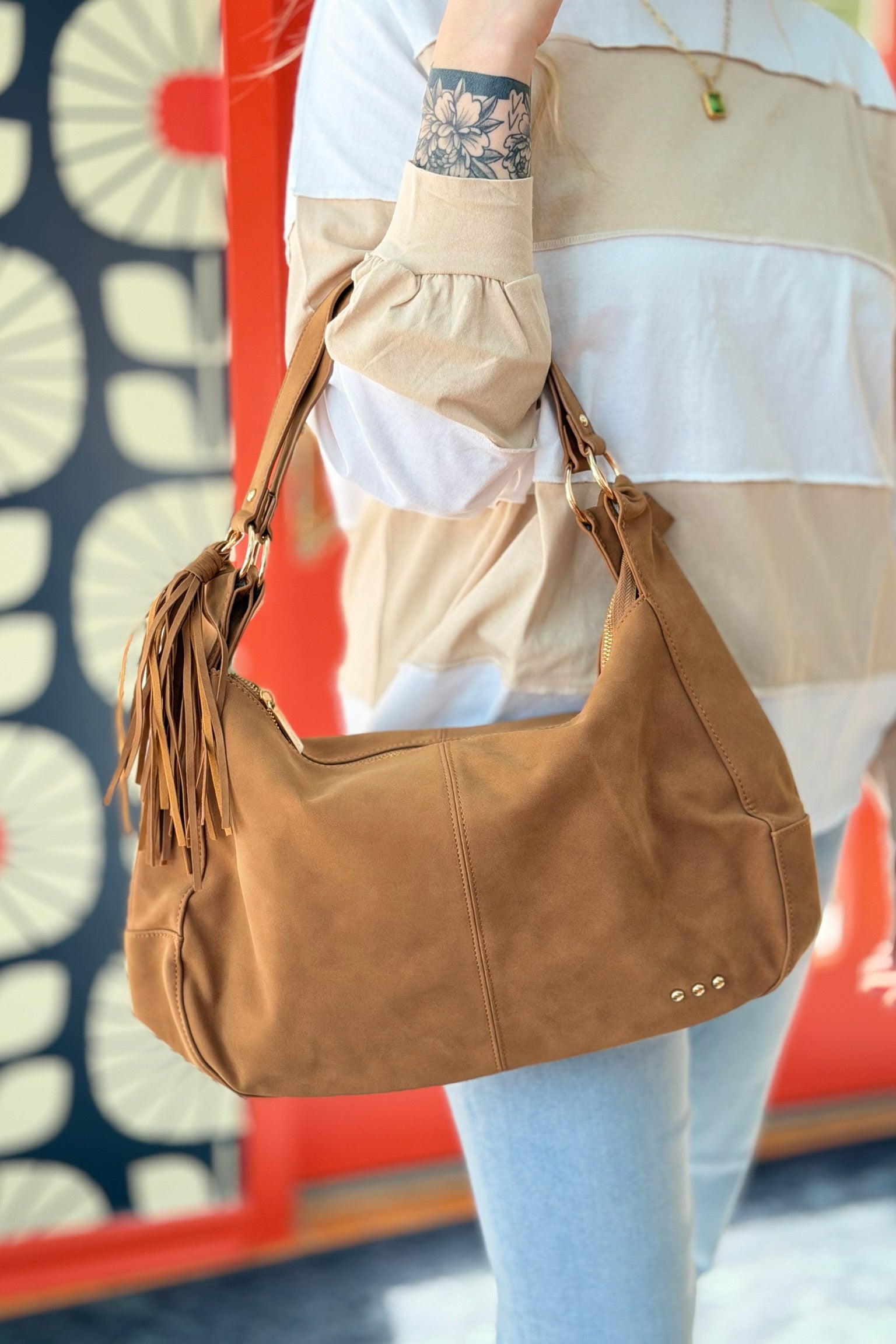 Hazel Hobo Shoulder Bag with Tassel - Tan Suede