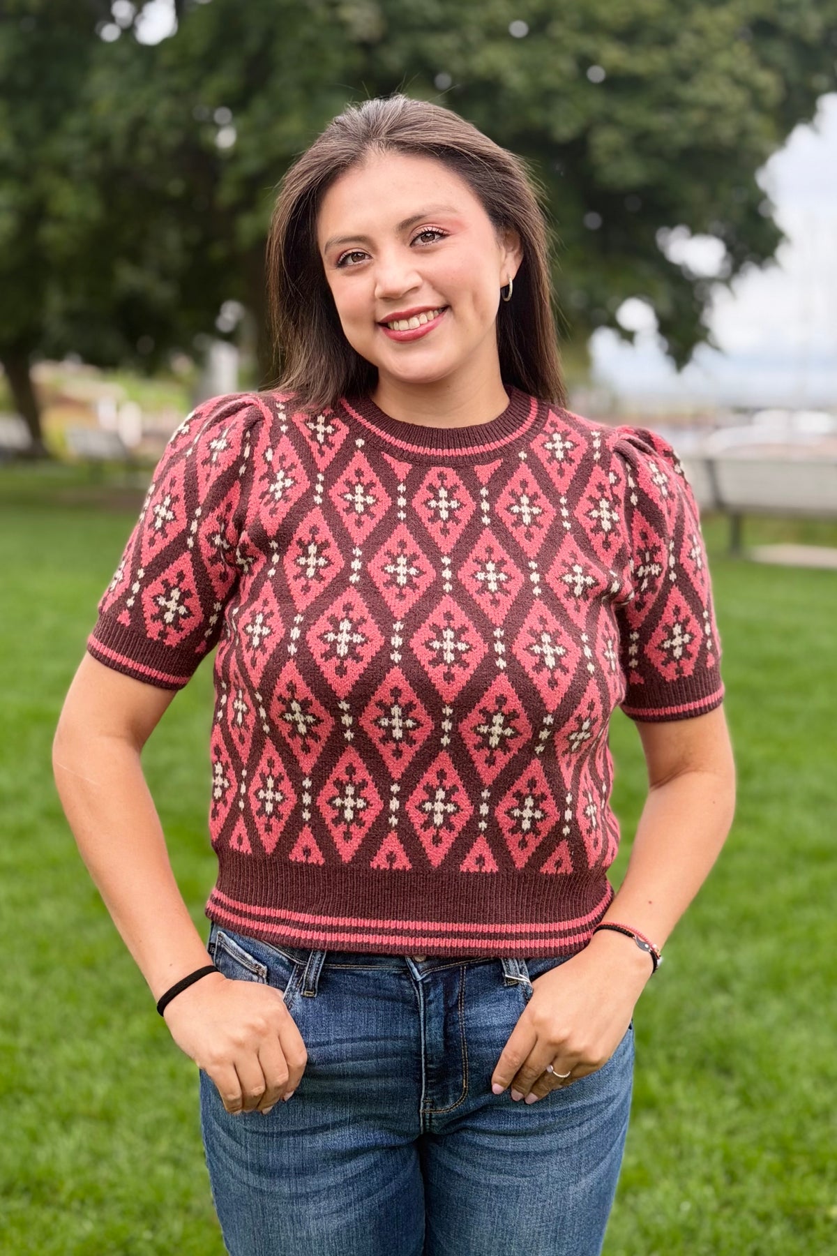 Geometric Sweater - Coral & Brown