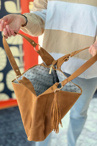 Hazel Hobo Shoulder Bag with Tassel - Tan Suede
