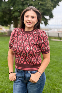Geometric Sweater - Coral & Brown