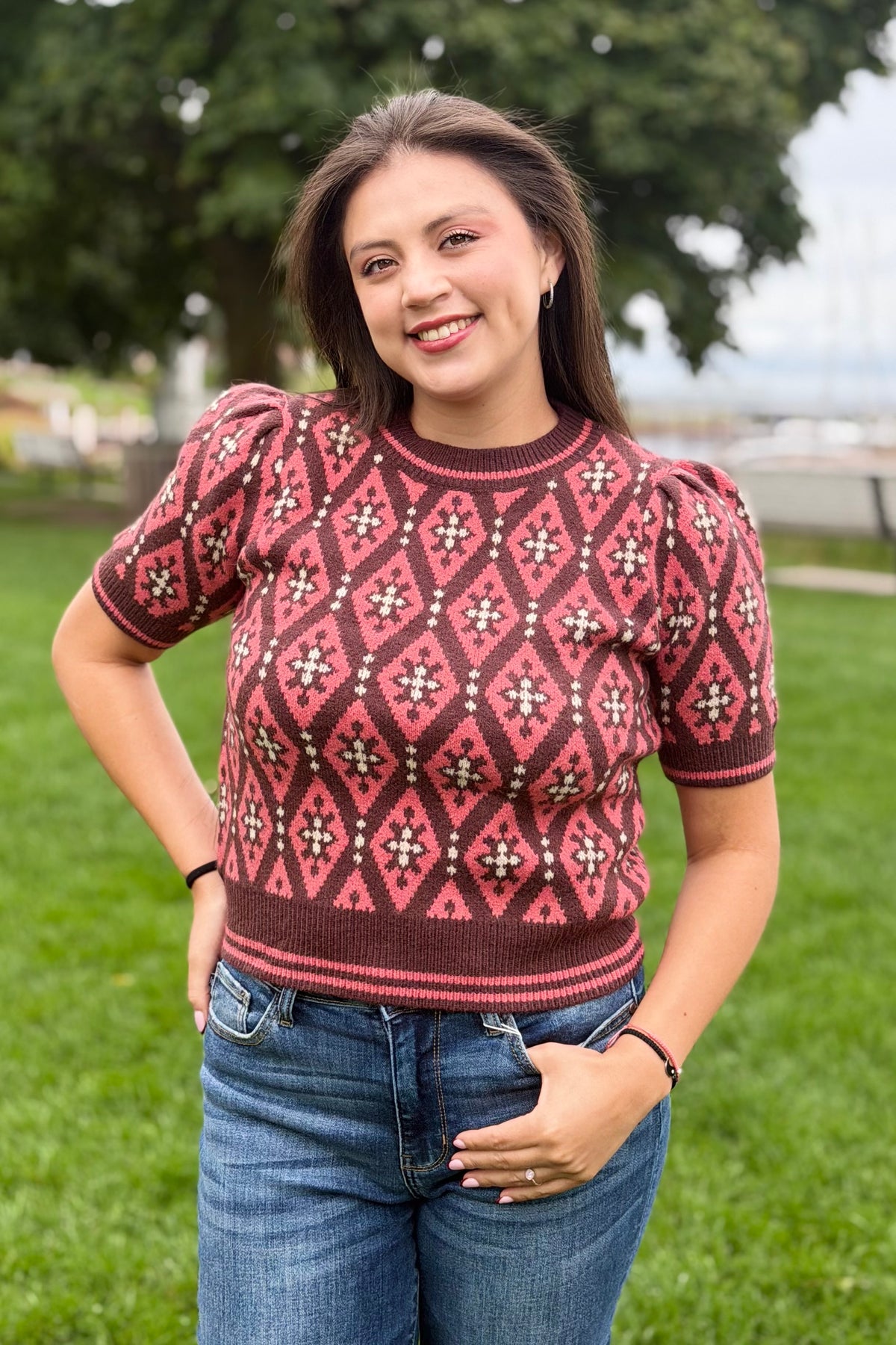 Geometric Sweater - Coral & Brown