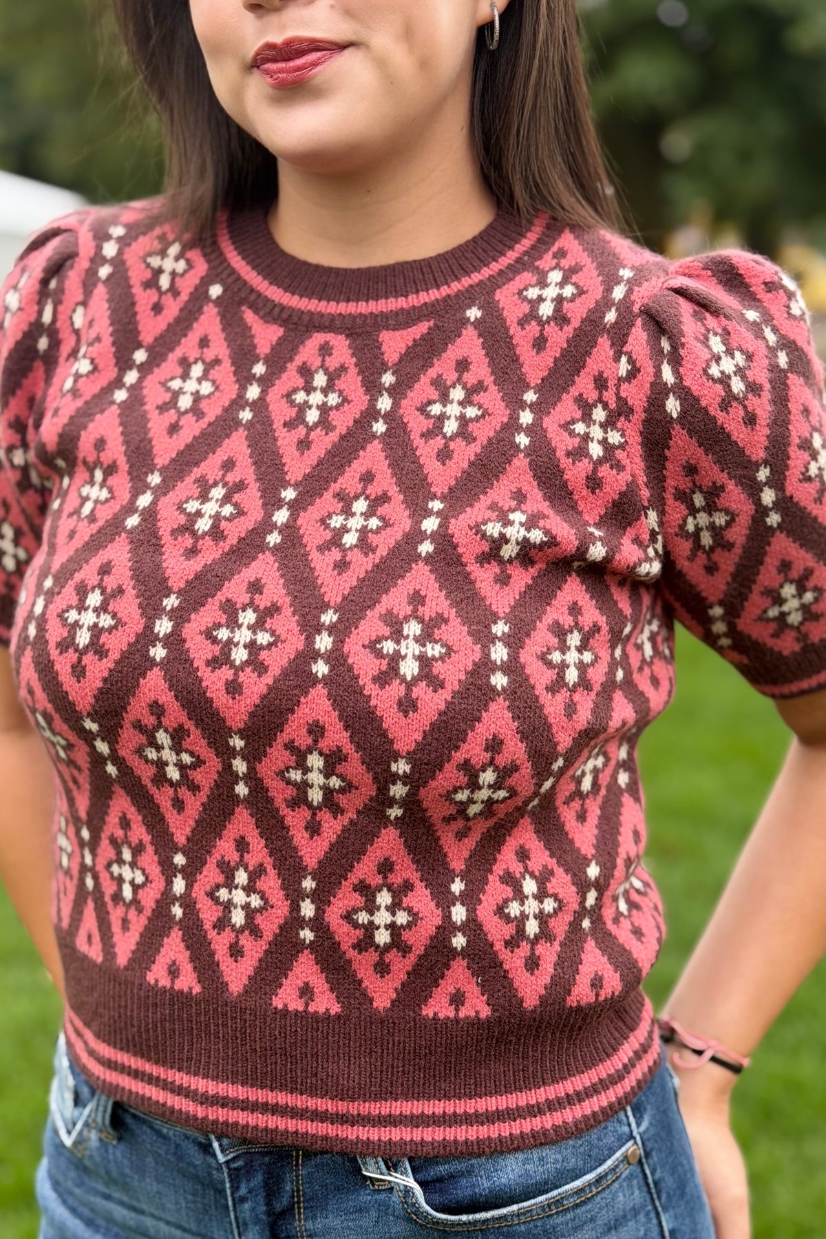Geometric Sweater - Coral & Brown